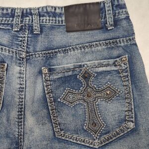 CJ Black Embellished Embroidered Distressed Mens Bootcut Jeans Size 34